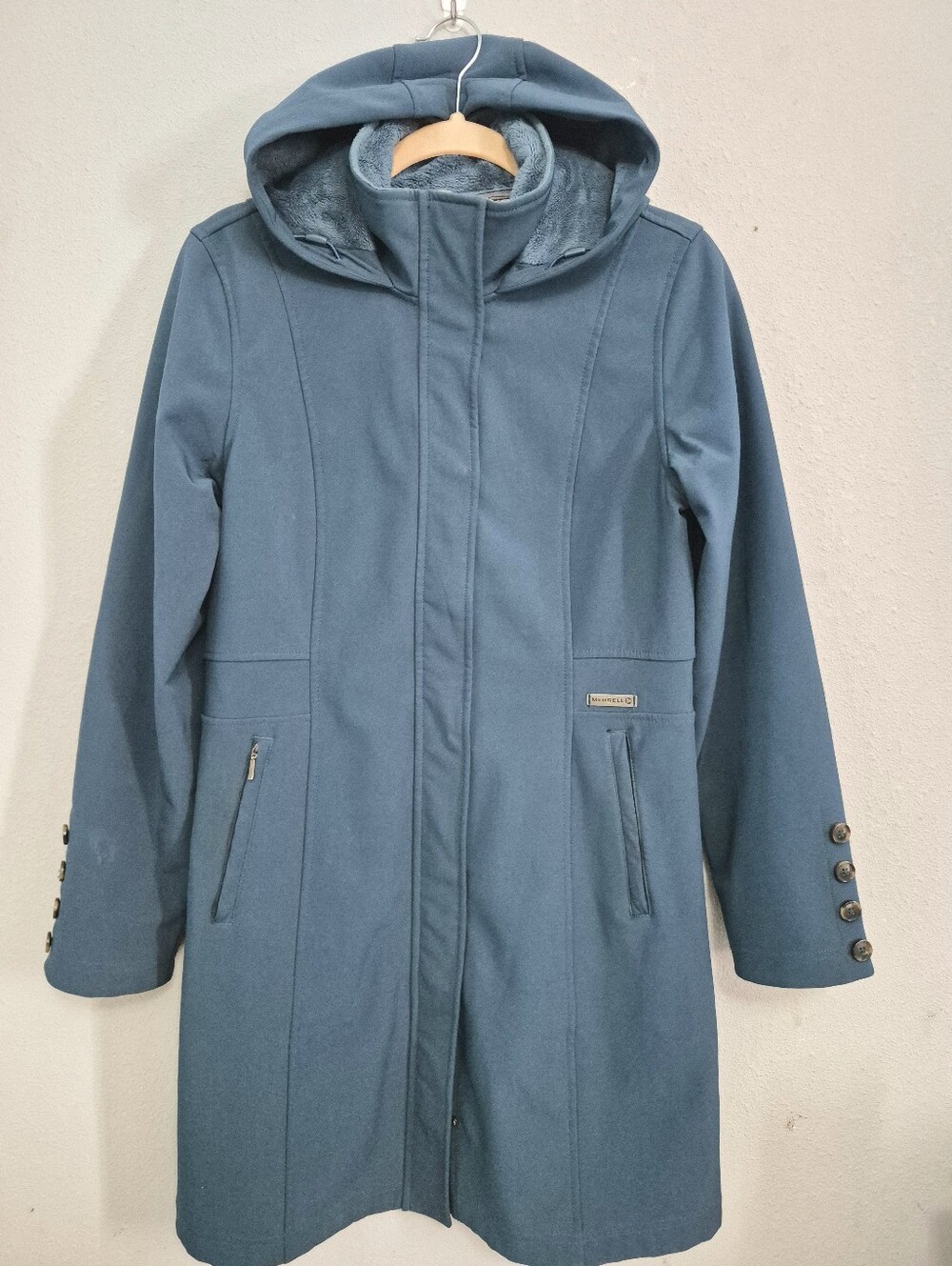 Merrell Fleece Lined Hooded Softshell Trench Coat Jacket Teal Blue Women M